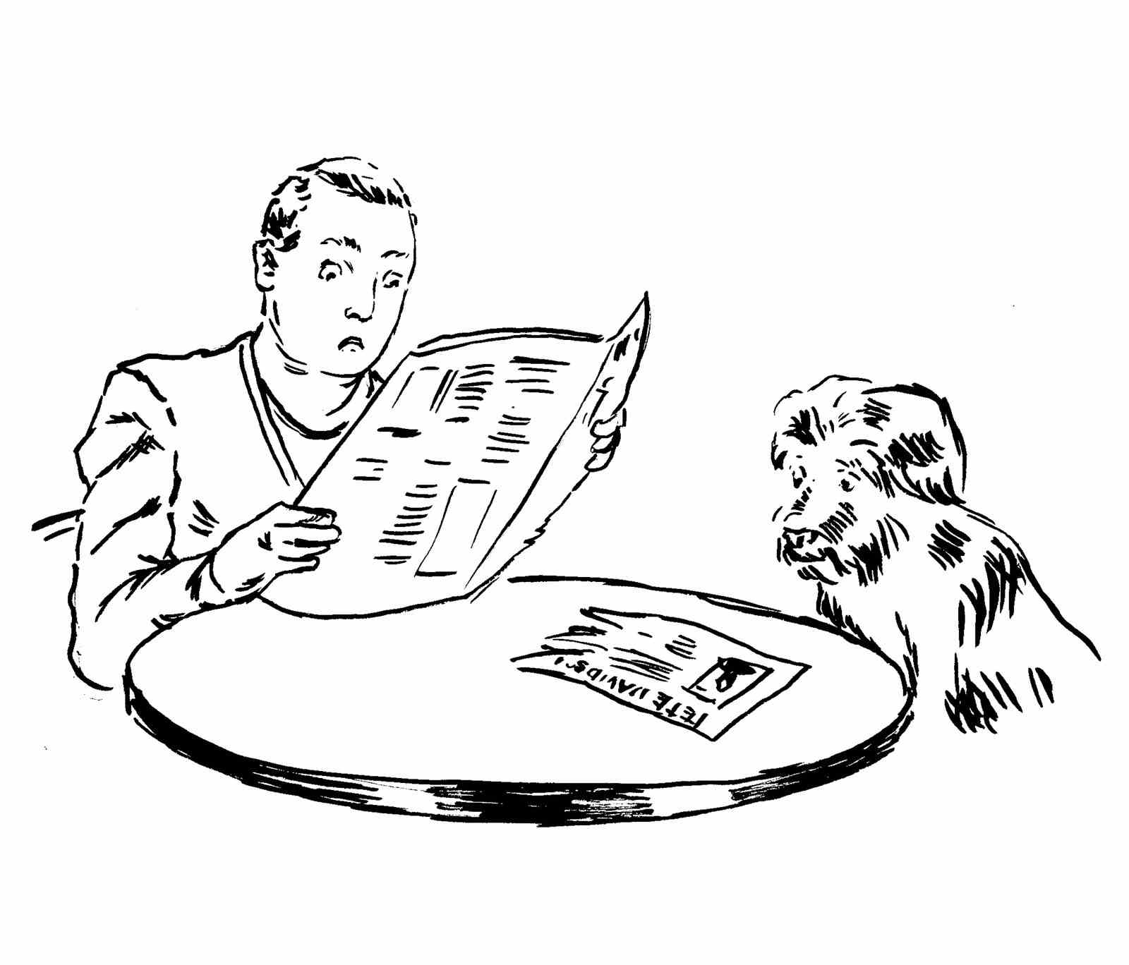 Hund und Mensch schauen sich eine Zeitung an, während sie an einem Küchentisch sitzen.