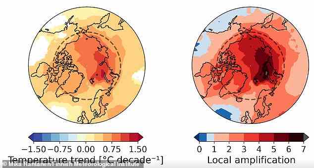 Der Trend der Jahresmitteltemperatur für 1979-2021 (links) und der Trend der Jahresmitteltemperatur relativ zum globalen Durchschnitt (arktische Verstärkung, rechts)
