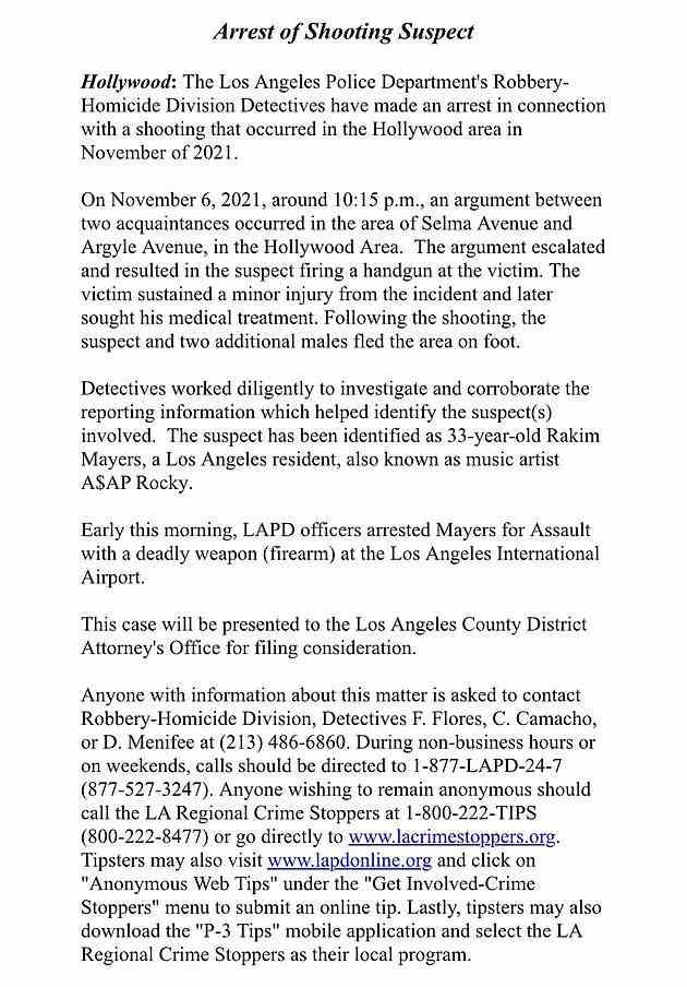 Schießender Verdächtiger: Die Polizei von Los Angeles gab Anfang dieses Jahres eine Erklärung ab, in der die Verhaftung von A$AP bestätigt wurde