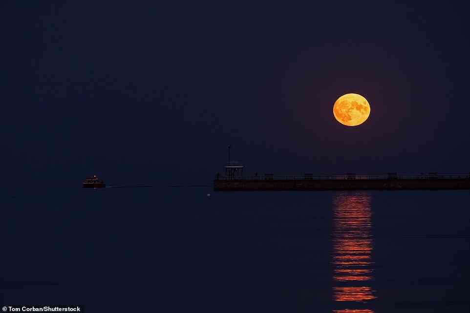 The full Sturgeon supermoon rises through the summer haze, silhouetting the lookout tower on Weymouth's Stone Pier, West Dorset (August 11)