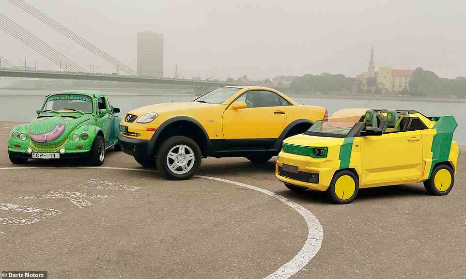 Der seltsame Name Froggy Beachstar basiert auf zwei früheren Modellen von Dartz Motorz: dem Volkswagen Froggy Beetle (links) und dem Mercedes SLK Beachstar Buggy (Mitte)