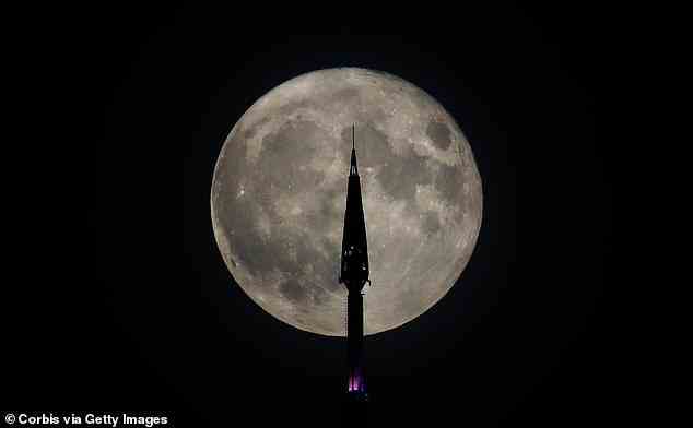 July's supermoon rises behind the antenna on top of One World Trade Center in New York City on July 13, 2022