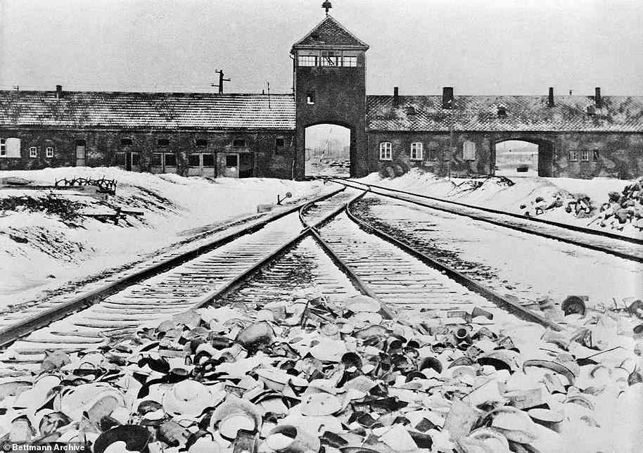 Auschwitz, built in the occupied Polish town of Oswiecim, became the site of the largest single mass murder in history. The camp's entrance is pictured
