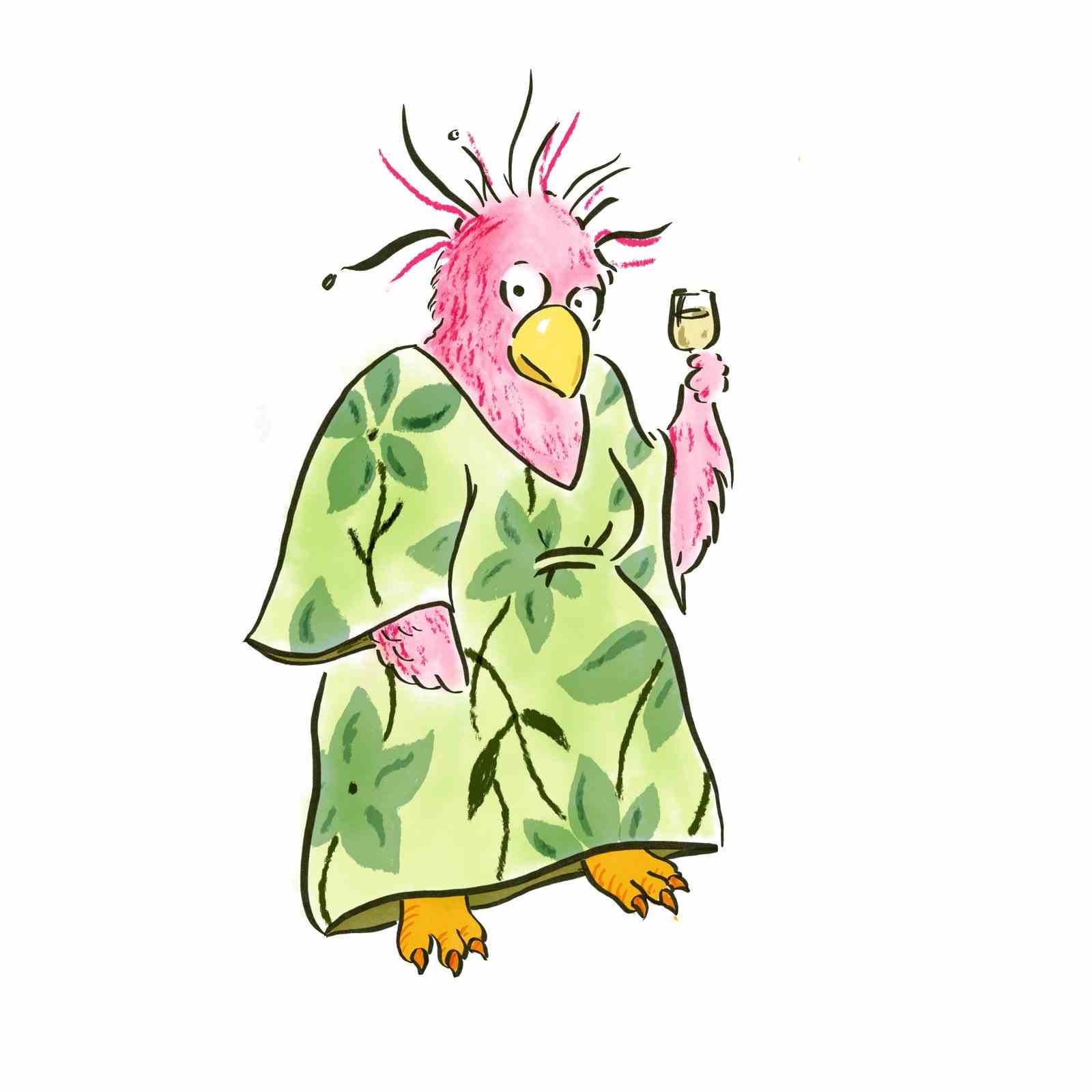 Sesame Streetstyle-Charakter, der ein Vogel ist, der einen Kaftan trägt und ein Glas Wein hält.