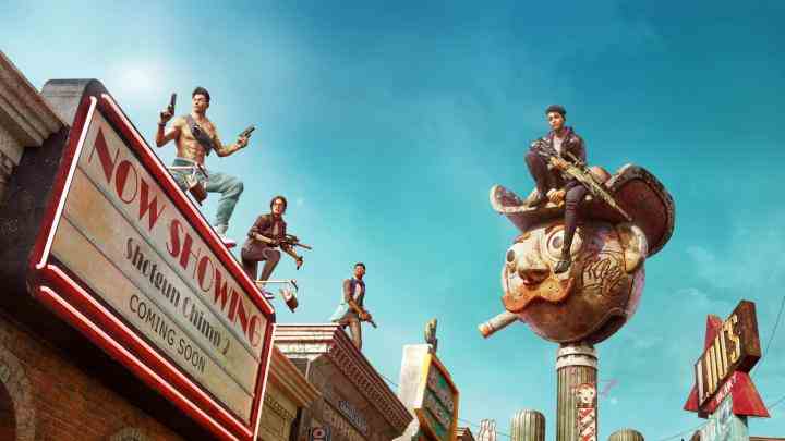 Saints Row characters on top of a movie theater with guns.