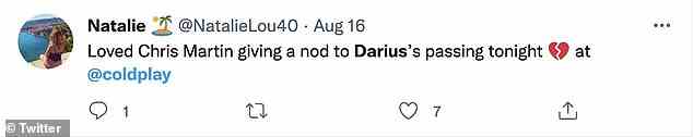 Von Herzen: Ein Fan der Band schrieb auf Twitter: „Liebte Chris Martin, der Darius zunickte“, der heute Abend starb