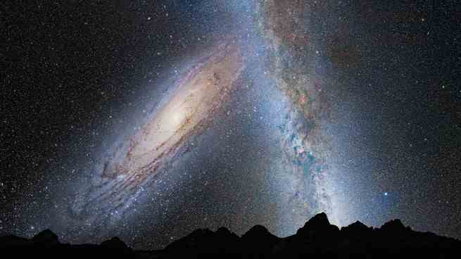 Eine künstlerische Darstellung der Milchstraße und der Andromeda-Galaxien, die in etwa 5 Milliarden Jahren kollidieren