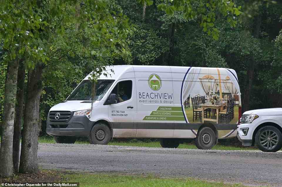A van for an event rental and design business that supplies tableware, tents, and other party essentials, seen dropping off equipment at the estate