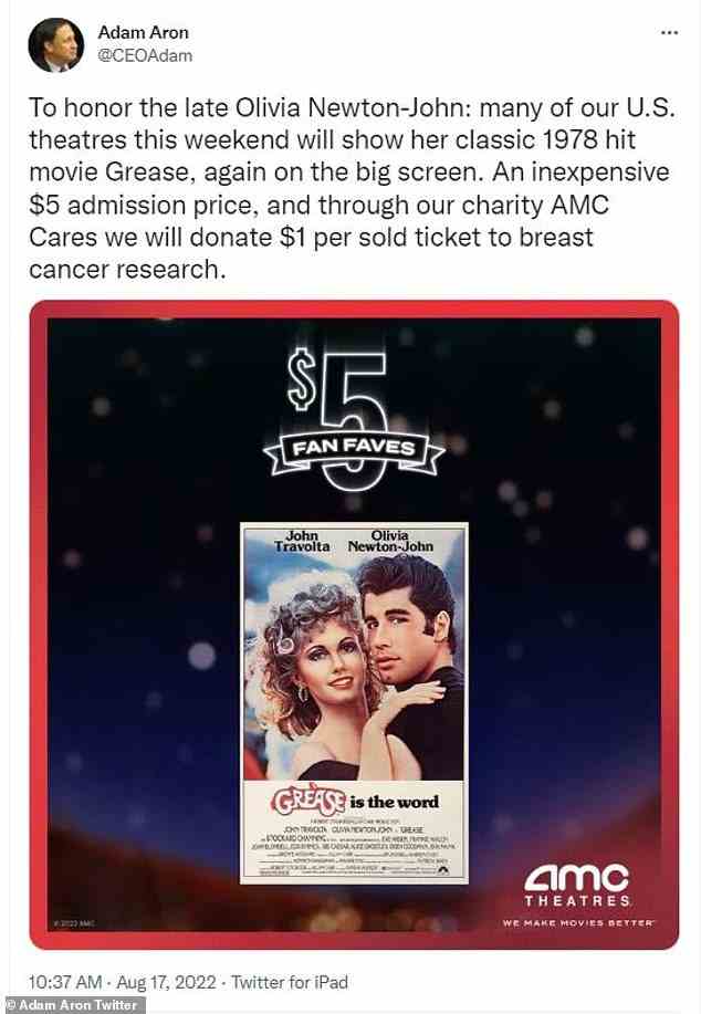 Tribute-Vorführungen: Adam Aron, CEO von AMC Theatres, kündigte zu Ehren von Olivia Newton-John die Rückkehr des ursprünglichen Grease-Films an 135 seiner Drehorte im ganzen Land an;  Teile der Ausstellungen werden für die Brustkrebsforschung gespendet