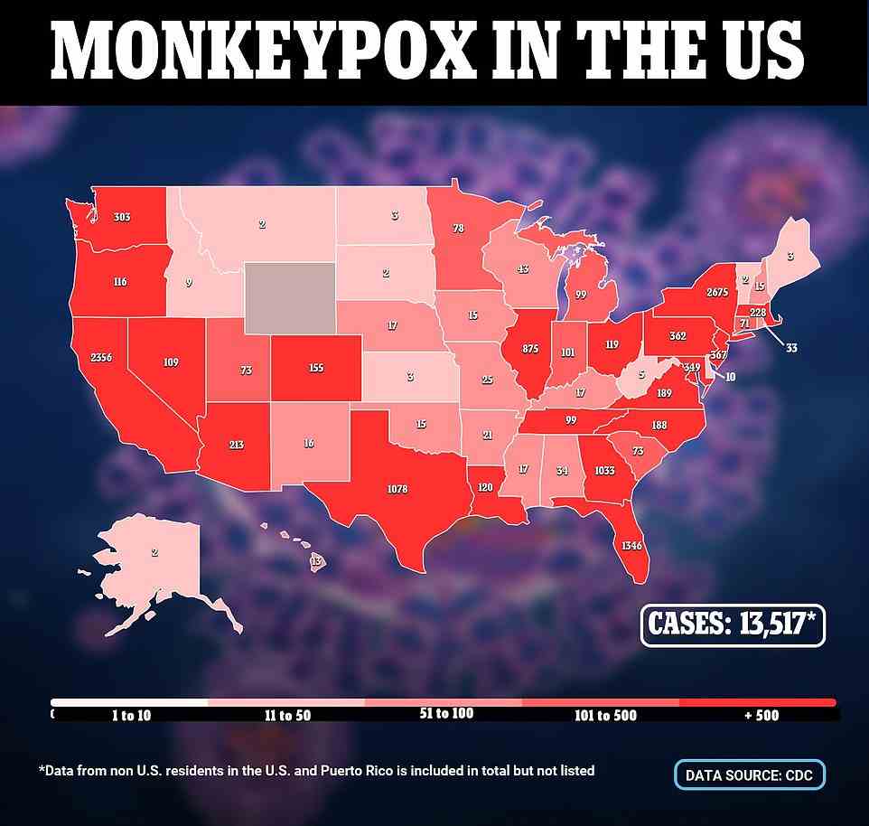 The above map shows monkeypox cases by each state across the United States. The hotspot remains New York with 2,675 cases detected