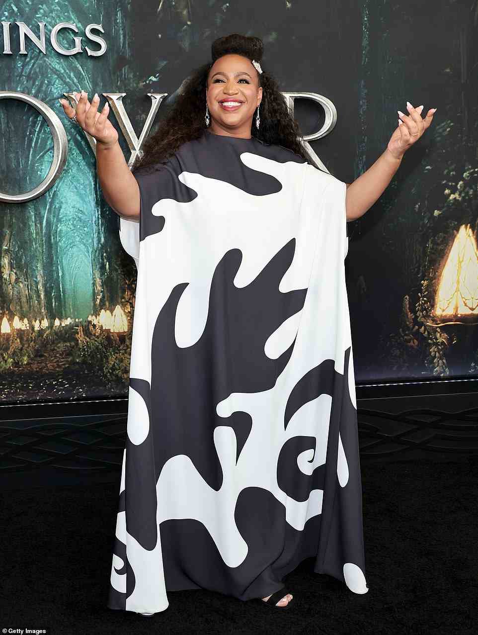 Hitting the red carpet: Sophia Nomvete - who plays Dwarven Princess Disa in the new show - looked stylish wearing a black and white-patterned kaftan and black heels at the event