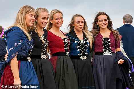 Faroese women dressed in traditional costumes