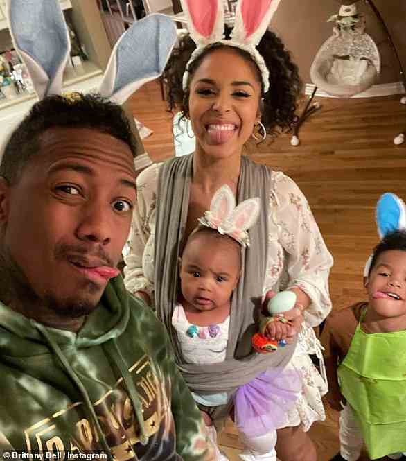 Nick and Phoenix Suns dancer Brittany Bell have son Golden, five, and daughter Powerful Queen, one, together. They are pictured here  in 2021