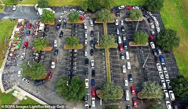 Pictured: Hundreds of cars line up at a food bank in Clermont, Florida ahead of Thanksgiving in 2020 as economic uncertainty caused by Covid lockdowns caused many to need charity just to survive