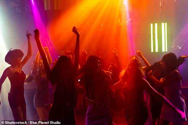 Eine Gruppe von Menschen, die in einem Disco-Nachtclub tanzen gesehen wurde