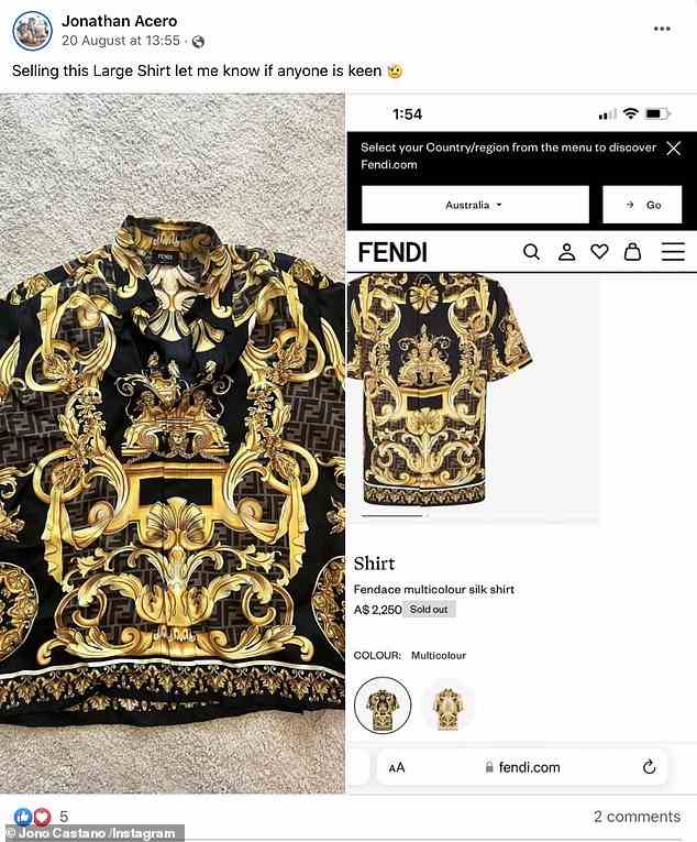 Das schwarz-goldene Hemd im Wert von 2.250 US-Dollar aus der Zusammenarbeit zwischen Fendi und Versace wurde am 20. August auf Jonos Facebook-Seite zum Verkauf angeboten Anfang dieses Jahres in Sydney