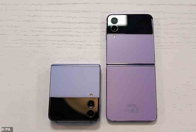 Samsung's Galaxy Z Flip 4 comes in either Graphite, Bora Purple (right), Pink Gold or Blue (left)