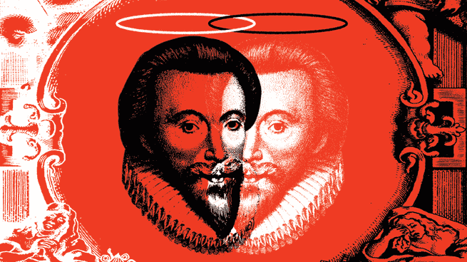 Überlappende umgekehrte gravierte Bilder von John Donne, eines in Schwarz und eines in Weiß, mit von Amoretten umgebenen Heiligenscheinen und einem Zierrand auf rotem Hintergrund