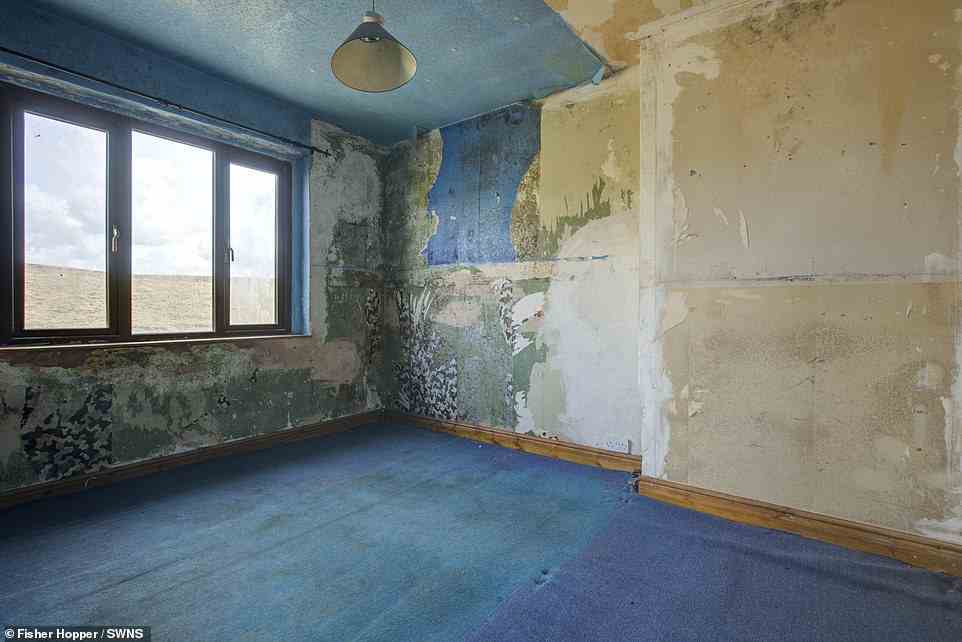 Ein anderes Zimmer hat immer noch die Remanenz von alten blauen Tapeten und hellblauen Teppichen – aber Immobilienmakler sagten, es könnte leicht in ein Airbnb umgewandelt werden