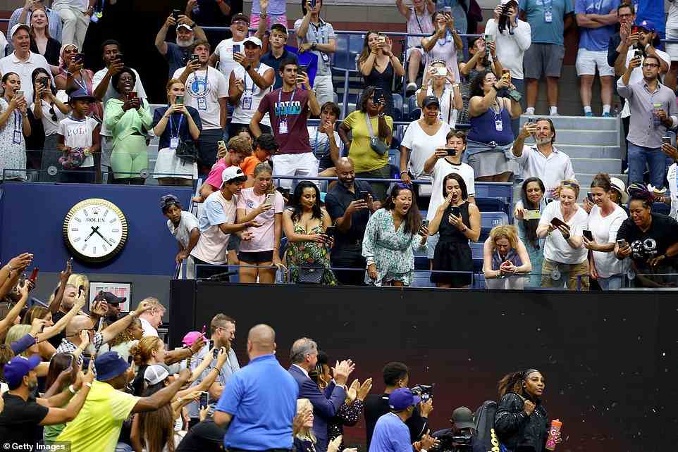 Fans cheer as Serena Williams of the United States walks onto the court prior to her Women's Singles First Round match against Danika Kovinic of Montenegro on Day One of the 2022 US Open at USTA Billie Jean King National Tennis Center on Monday in Queens