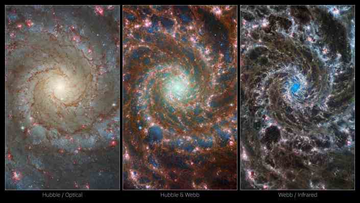 Links der Blick des Hubble-Weltraumteleskops auf die Galaxie.  Auf der rechten Seite ist das Bild des James-Webb-Weltraumteleskops auffallend anders.  Das kombinierte Bild in der Mitte verschmilzt diese beiden für einen wirklich einzigartigen Blick darauf 