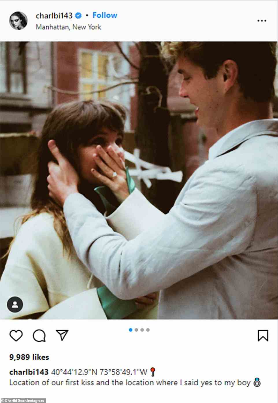 'Ich sagte ja!'  Der tragische Tod der brünetten Schönheit ereignete sich vier Monate, nachdem sie sich mit ihrem vierjährigen Freund Luke Chase Volker in derselben Straße in Manhattan wie ihr erster Kuss verlobt hatte (im Bild am 8. April).