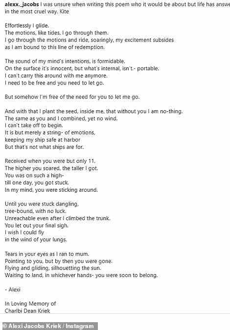 Alexi hatte ein Gedicht geschrieben, ohne zu wissen, um wen es gehen würde, aber „das Leben hat meine Frage auf die grausamste Weise beantwortet“, also hat er es am Dienstag in Erinnerung an seine Schwester auf Instagram gepostet