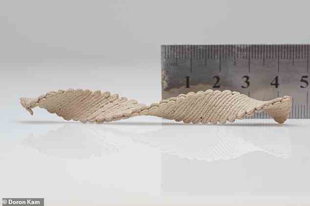 Als flaches Rechteck gedruckte Holztinte wird so programmiert, dass sie nach dem Trocknen und Erstarren eine komplexe Form (z. B. eine Helix, abgebildet) bildet
