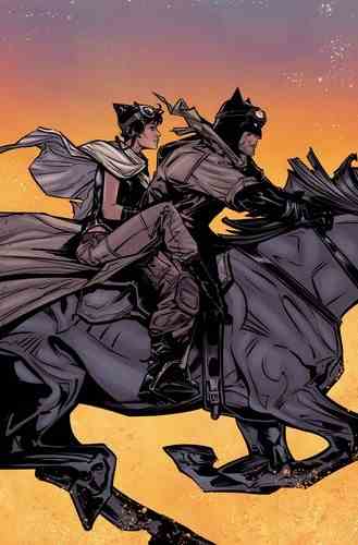 Batman und Catwoman reiten auf einem Pferd