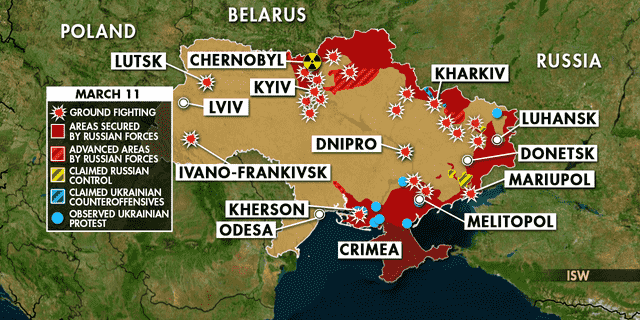 Karte zeigt Russlands Invasion in der Ukraine ab Freitag, 11. März 2022. 