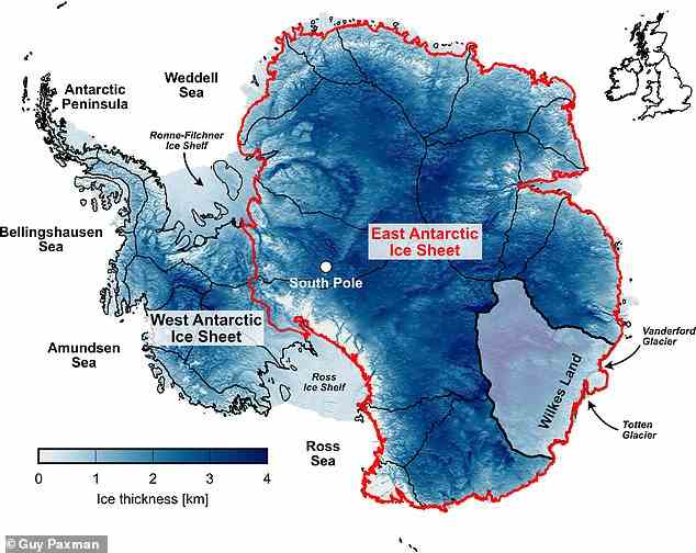 Thickness of ice in Antarctica, showing the location of the East Antarctic Ice Sheet (red outline), which holds the equivalent of 52 metres of sea level rise (alongside the UK and Ireland at the same scale). Wilkes Land (highlighted) has been referred to as East Antarctica¿s ¿weak underbelly¿, where some glaciers appear to be thinning, retreating and losing mass due to warm ocean currents