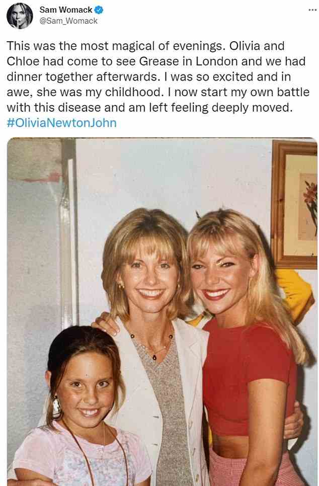 Offen: Ex-EastEnders-Star Samantha Womack gab bekannt, dass sie Brustkrebs hat, als sie der verstorbenen Olivia Newton-John in einem Bild von 1993 mit der verstorbenen Schauspielerin und ihrer Tochter Chloe Tribut zollte