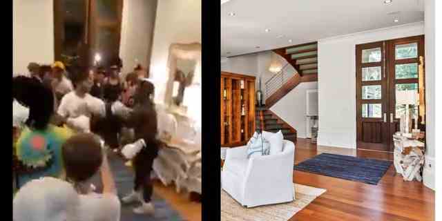 Eine Fotokombination von zwei Männern, die im Foyer eines 8-Millionen-Dollar-Hauses boxen und das Foyer ungestört sind.