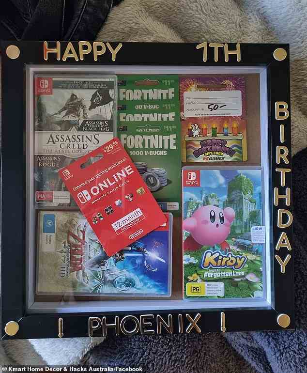Die zweifache Mutter Bonnie aus Brisbane beschloss, ihren Sohn zu seinem siebten Geburtstag mit einer Schachtel voller Nintendo Switch-Spiele, einer 12-Monats-Mitgliedschaft und einer 50-Dollar-Geschenkkarte von EB Games (im Bild) zu überraschen.  Aber einige Eltern online dachten, das seien „zu viele Spiele“.