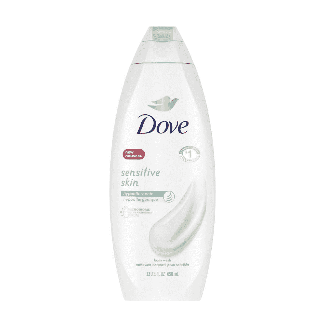 Dove Sensitive Skin Body Wash abgerundete weiße Flasche auf weißem Hintergrund