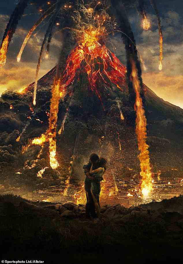 Scientists believe there is a one in six chance of a super eruption someone on Earth before the end of this century,  pictured a depiction of the Mount Vesuvius eruption taking from the 2014 movie Pompeii