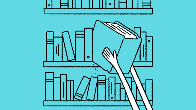 Illustration von Händen, die einen Thesaurus aus einem Bücherregal entfernen