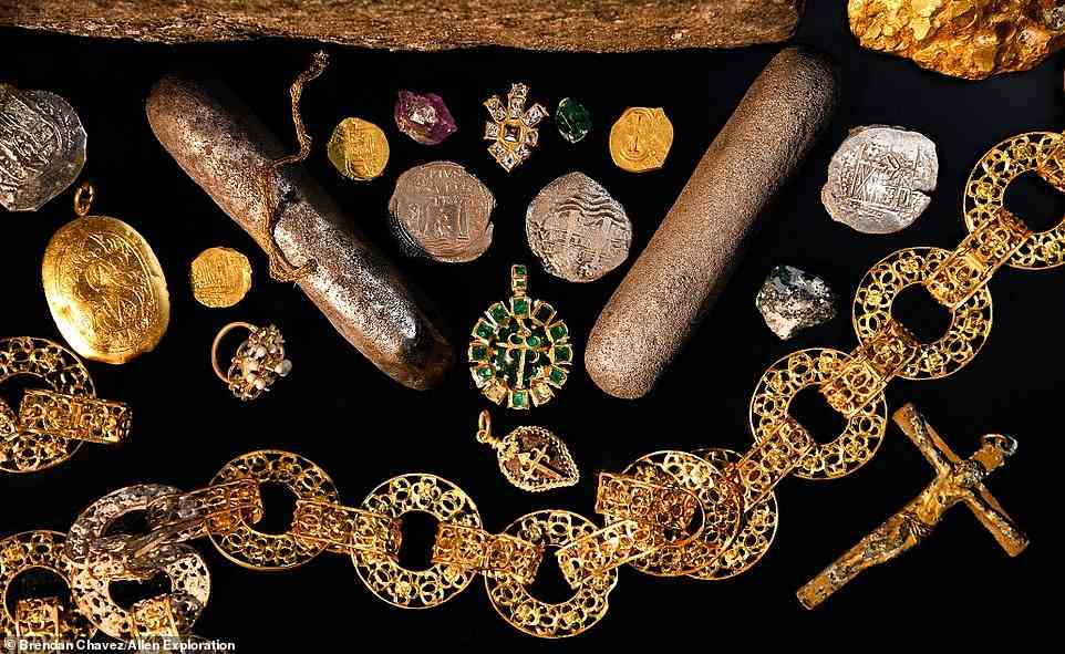 Included in the hoard are Spanish olive jars, Chinese porcelain, iron rigging, and gold and silver coins, as well as a silver sword handle that belonged to the soldier Don Martin de Aranda y Gusmán. Pictured, high-status personal belongings – gold jewellery, chain, pendants and coins from the Maravillas