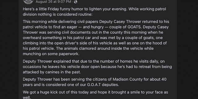 Das Büro des Sheriffs nannte den Deputy eine ZIEGE ("Größter aller Zeiten") in einem Beitrag. 