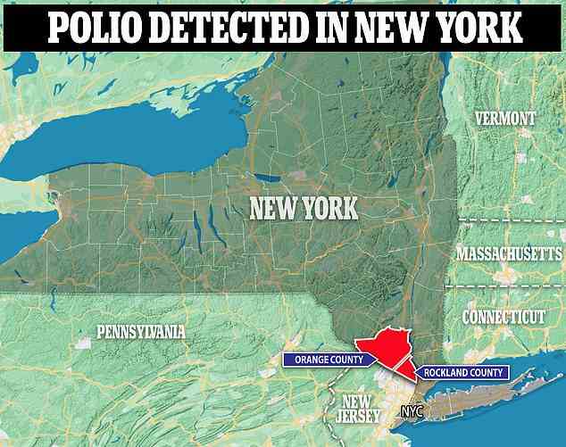 Beamte in New York warnen, dass möglicherweise bereits „Hunderte“ New Yorker mit Polio infiziert sind, nachdem mindestens drei Abwasserproben in zwei Landkreisen außerhalb von New York City, Rockland und Orange, entdeckt wurden (Bild).