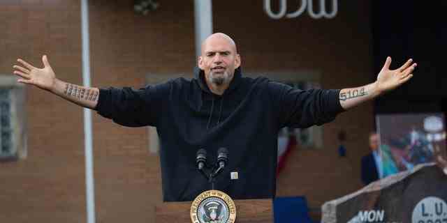 Pennsylvania Lt. Gov. and Democratic Senate nominee John Fetterman speaks to a crowd gathered at aa United Steel Workers of America Labor Day event with President Joe Biden in West Mifflin, Pa., just outside Pittsburgh, Monday Sept. 5, 2022. (AP Photo/Rebecca Droke)