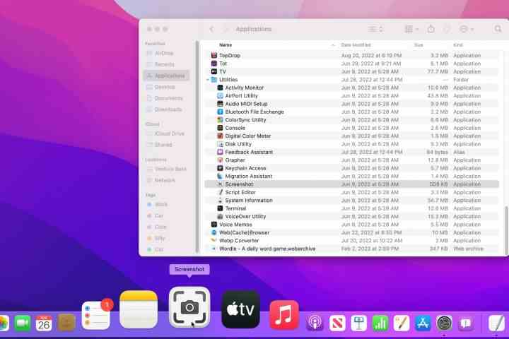 The Finder's Applications tab has a Utilities folder that contains the Screenshot app, which can be dragged to the Mac's Dock.