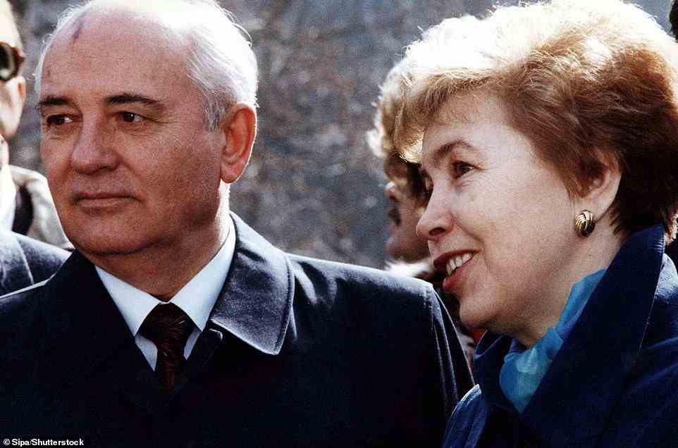 Gorbachev's funeral ceremony will be on Saturday at the Moscow Hall of Columns. He will then be buried at the Novedevichy cemetery in Moscow next to his wife Raisa. Pictured: Gorbachev and Raisa in 1992