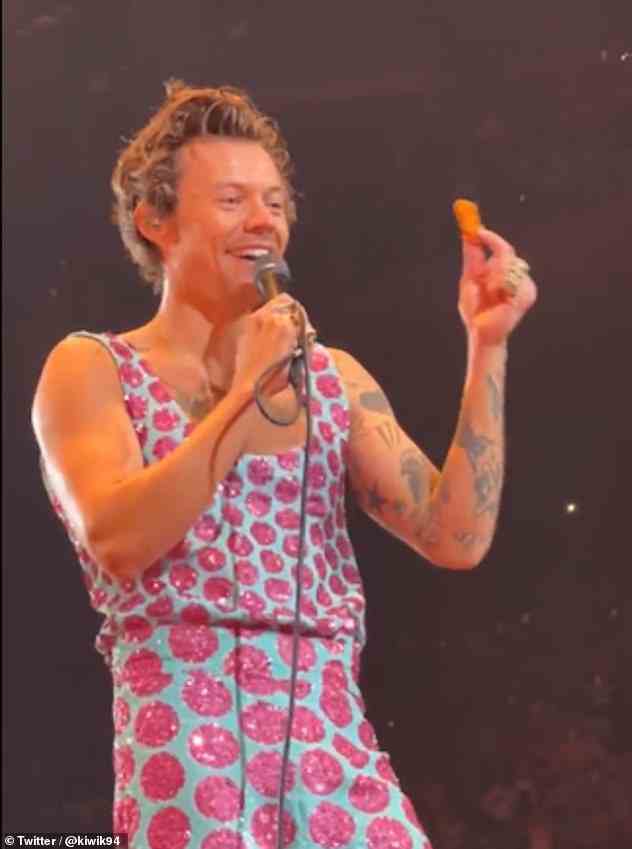 Du bist so golden: Harry musste am Samstag während seines Auftritts im Madison Square Garden kichern, nachdem ein Fan ihn mit Chicken Nuggets beworfen hatte