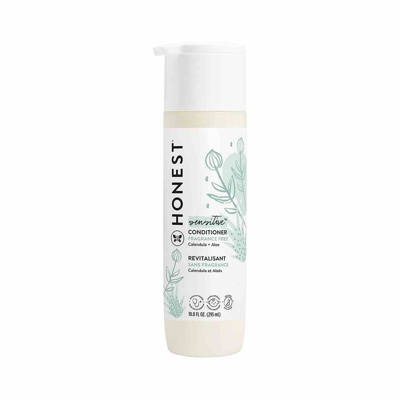 The Honest Company Sensitive Conditioner, weiße Flasche mit blassgrünem Pflanzendesign auf weißem Hintergrund