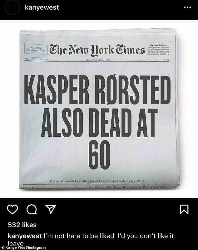 The latest: Kanye West posted and deleted a fake New York Times newspaper that falsely claimed Adidas CEO Kasper Rørsted had 'died' at 60