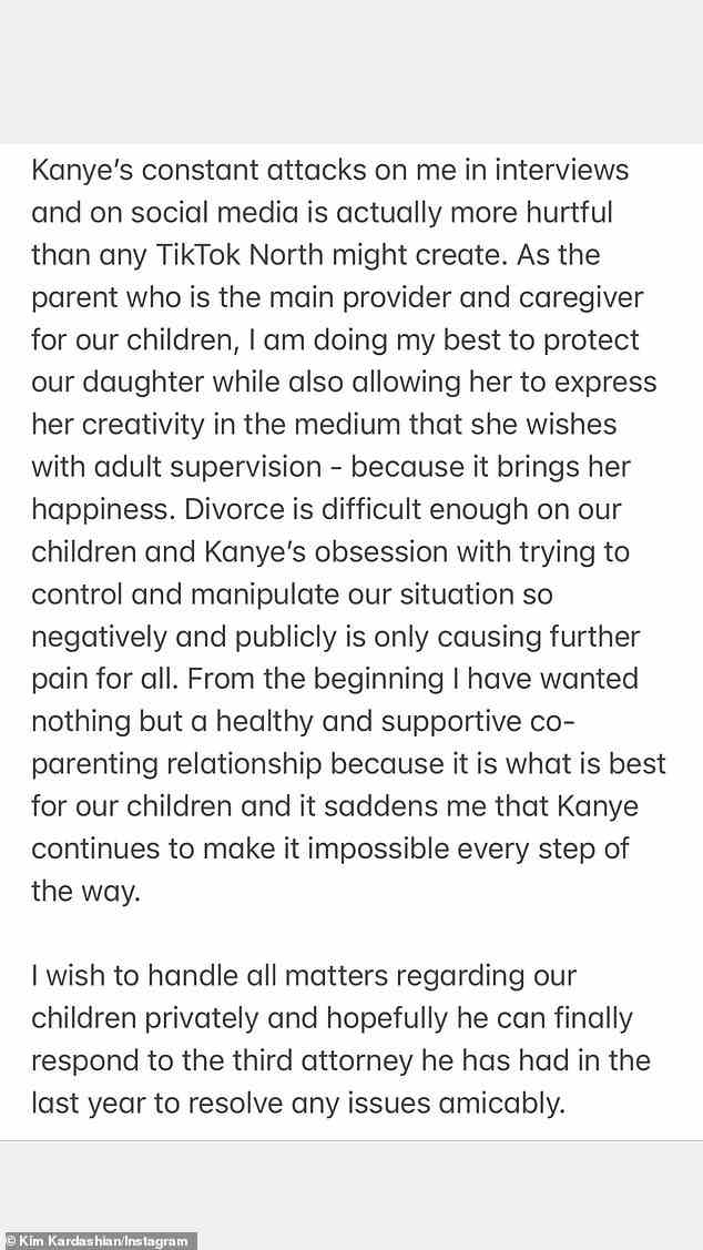 Hitting back: Kim issued a fiery response to her estranged husband Kanye after he claimed their daughter North is being put on TikTok 'against his will'