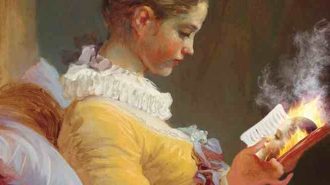 Illustration nach Fragonards Gemälde "Lesung des jungen Mädchens" eines Mädchens in gelbem Kleid, das ein Buch liest, wobei ein Spiegelbild des Mädchens zusammen mit Flammen und Rauch aus dem Buch erscheint