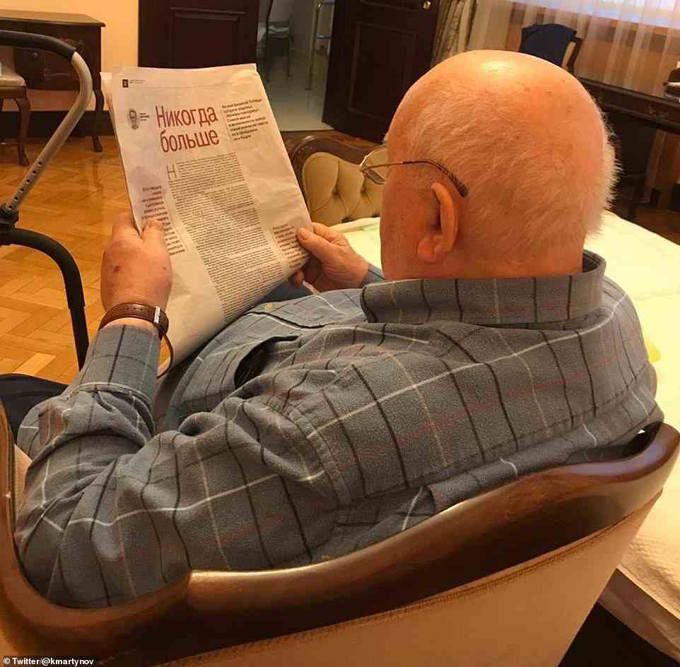 Gorbachev reading an editorial by journalist Kirill Martynov for Novaya Gazeta three years ago called Never Again - about war