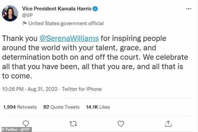 US-Vizepräsidentin Kamala Harris überbrachte Williams eine der herzlichsten Botschaften überhaupt